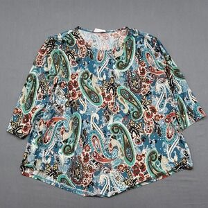 Exclusive One Womens XL Paisley Rhinestone 3/4 Sleeve Top Teal Blue Aztec